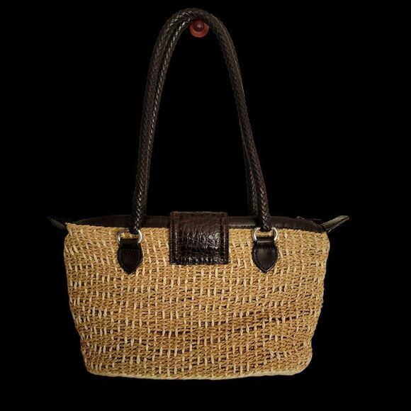 Vintage Brighton Woven Straw & Leather Tote Bag With Heart Clasp - Picture 2 of 7